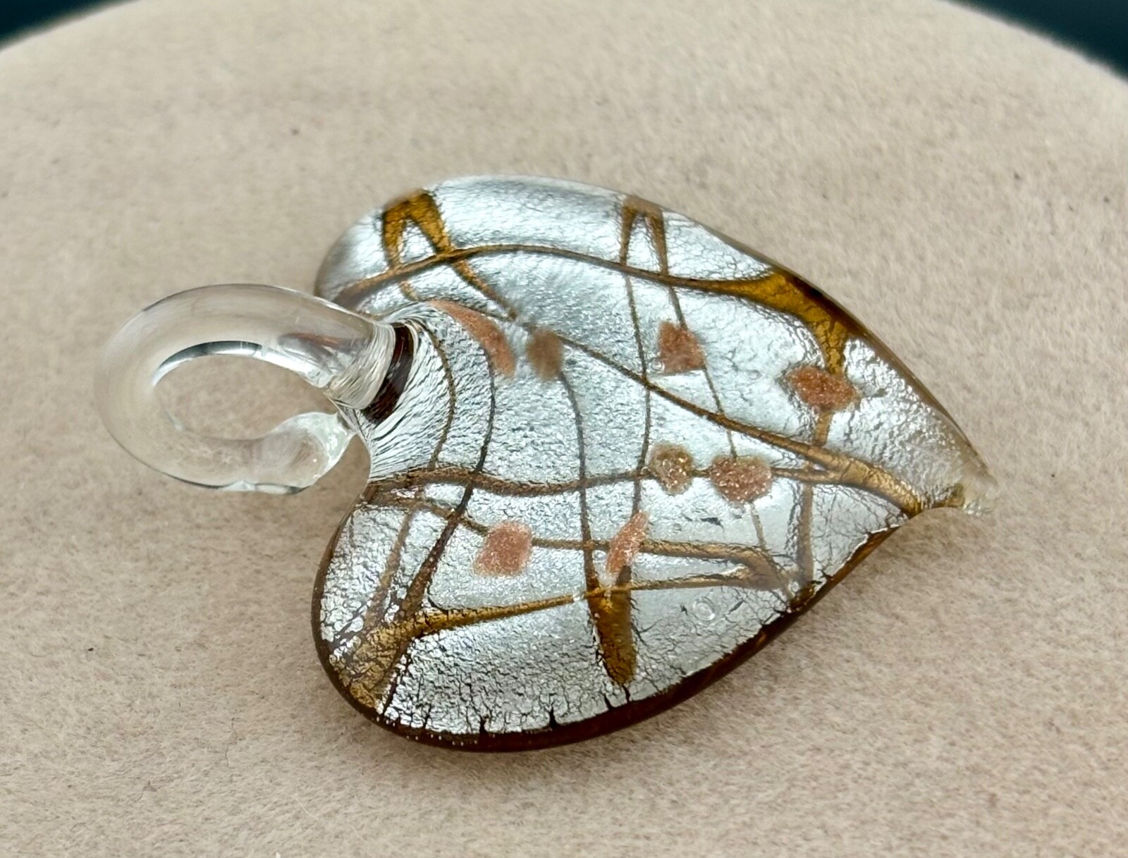 Silver Copper Dichroic Art Glass Heart Pendant 1 1/2 x 1 3/4″