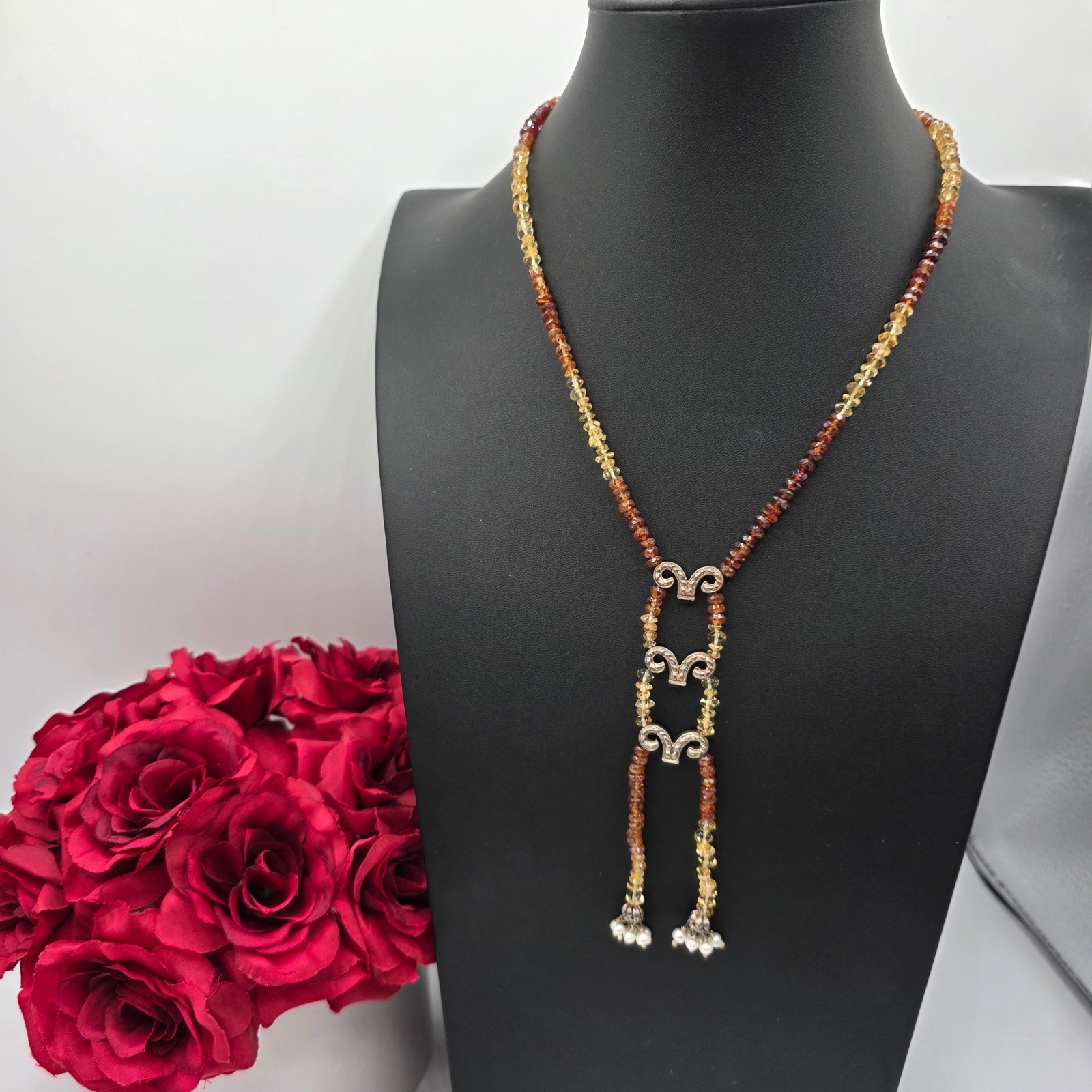 Sterling Silver Citrine Garnet Style Beaded Lariat Necklace Pearl Tassels 28″