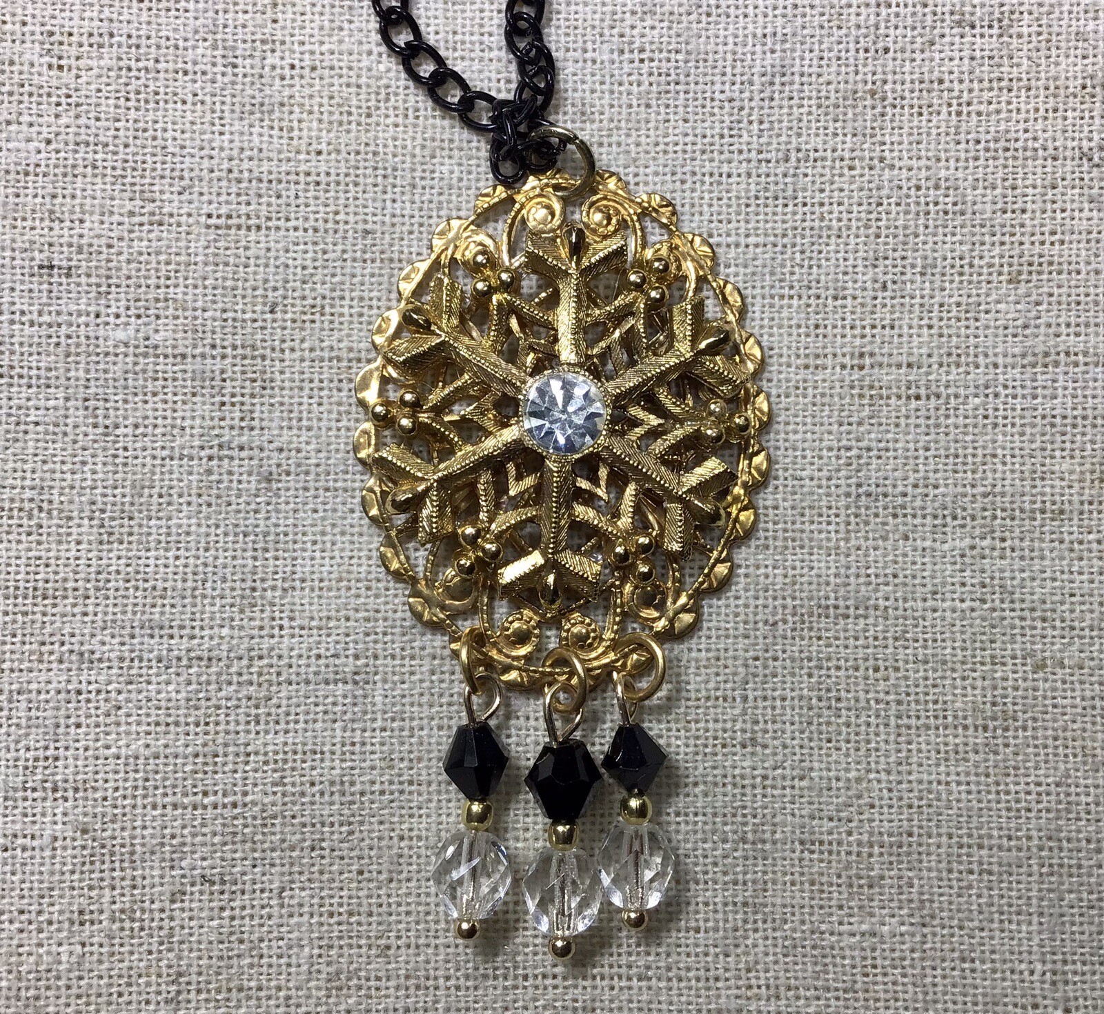 Snowflake Necklace- Up Cycled Pieces, Gold & Black Tone, 20”, Clear Crystal