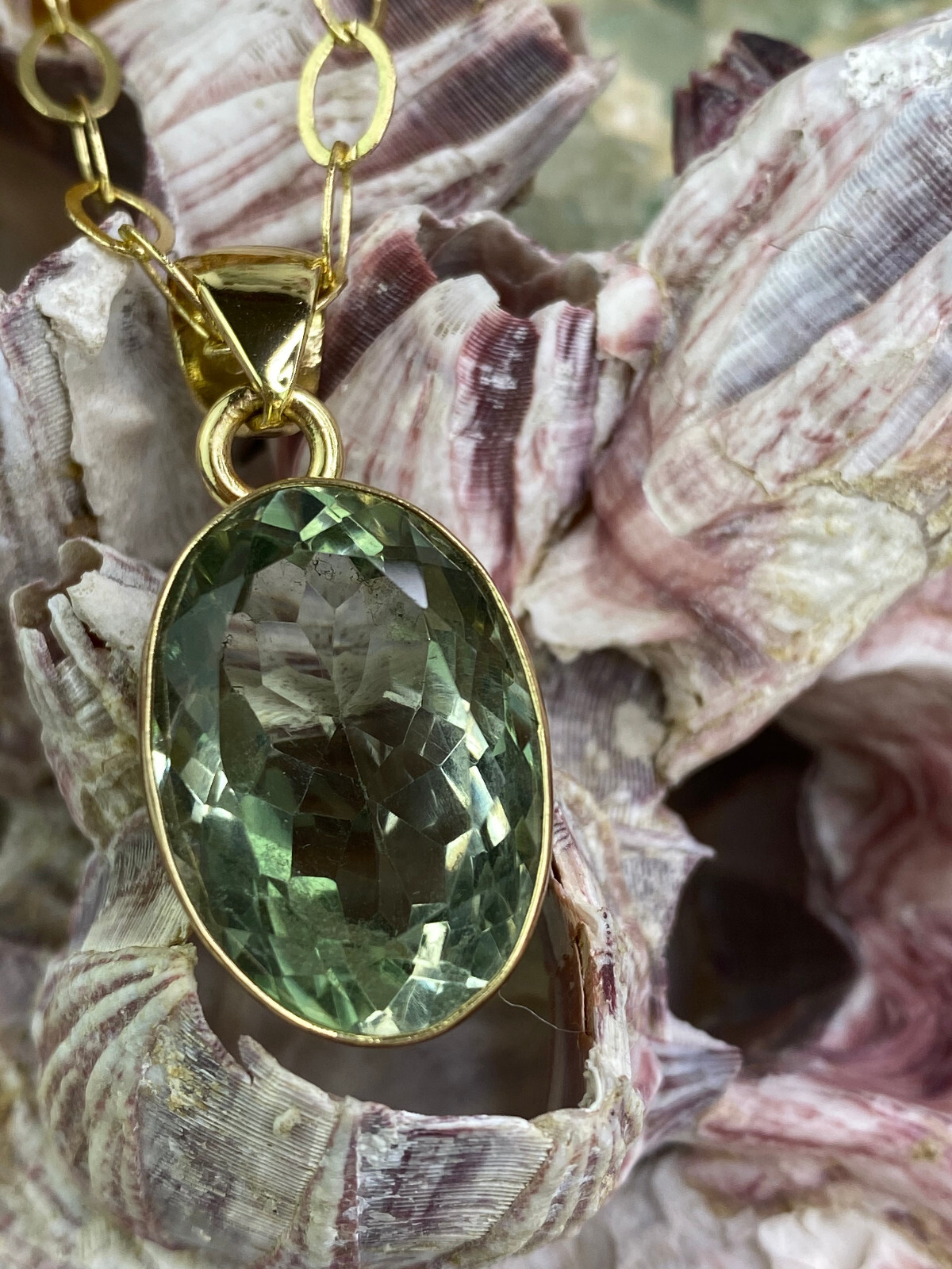 Charles Albert Green Amethyst Facetted Oval Pendant & Alchemia Gold Necklace