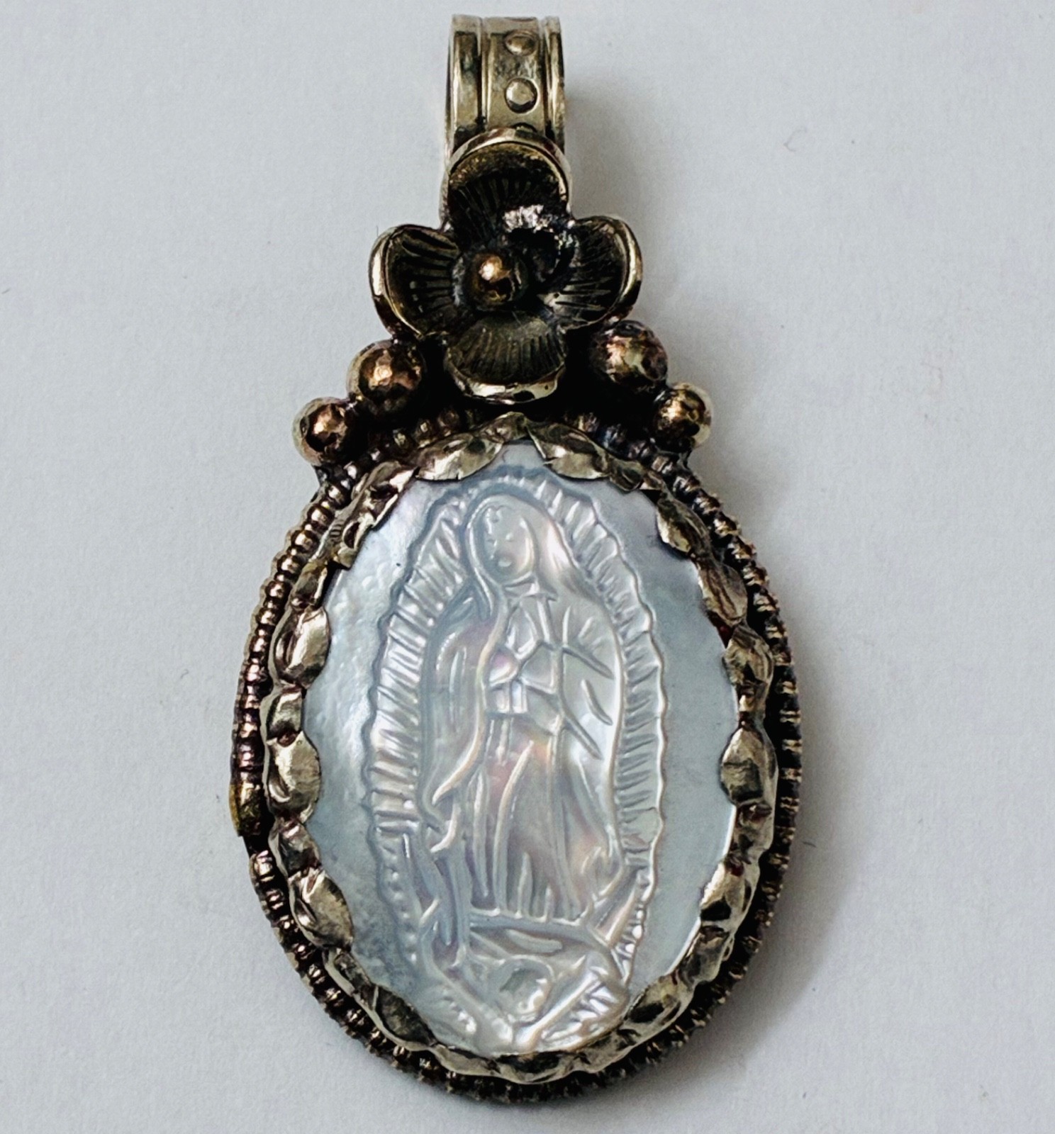 Mother of Pearl Pendant Virgin Mary Tibetan Silver
