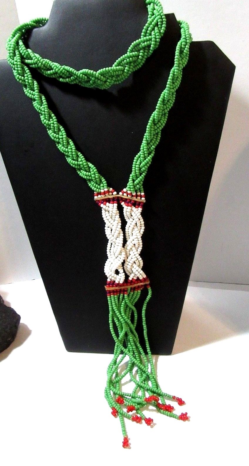 VERY LONG HANDCRAFTED BEADED NECKLACE BRAIDED GREEN WHITE RED DANGLES TASSELS