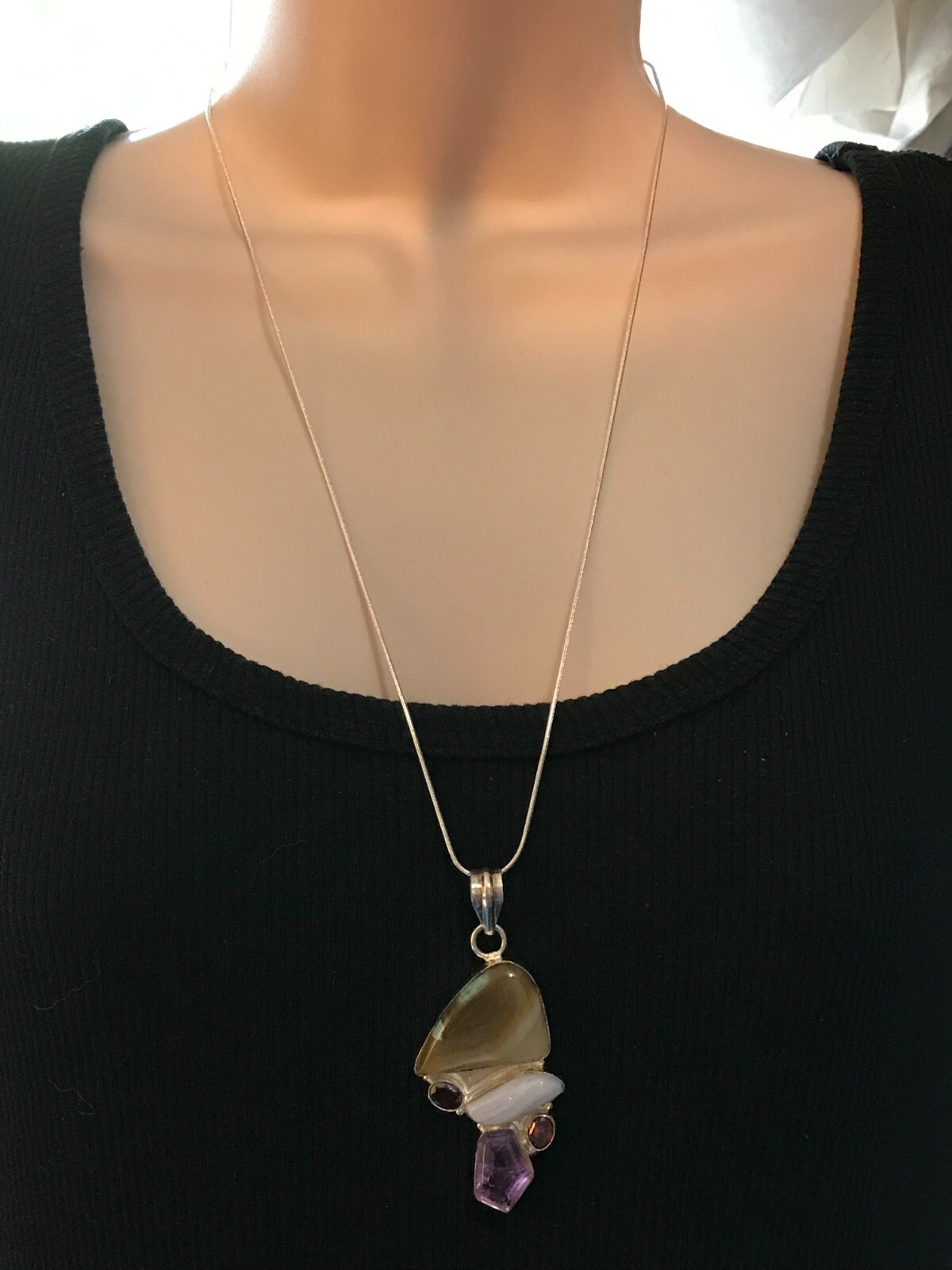 Amethyst Garnet White Agate Gemstones Modern Sterling Silver Pendant Necklace