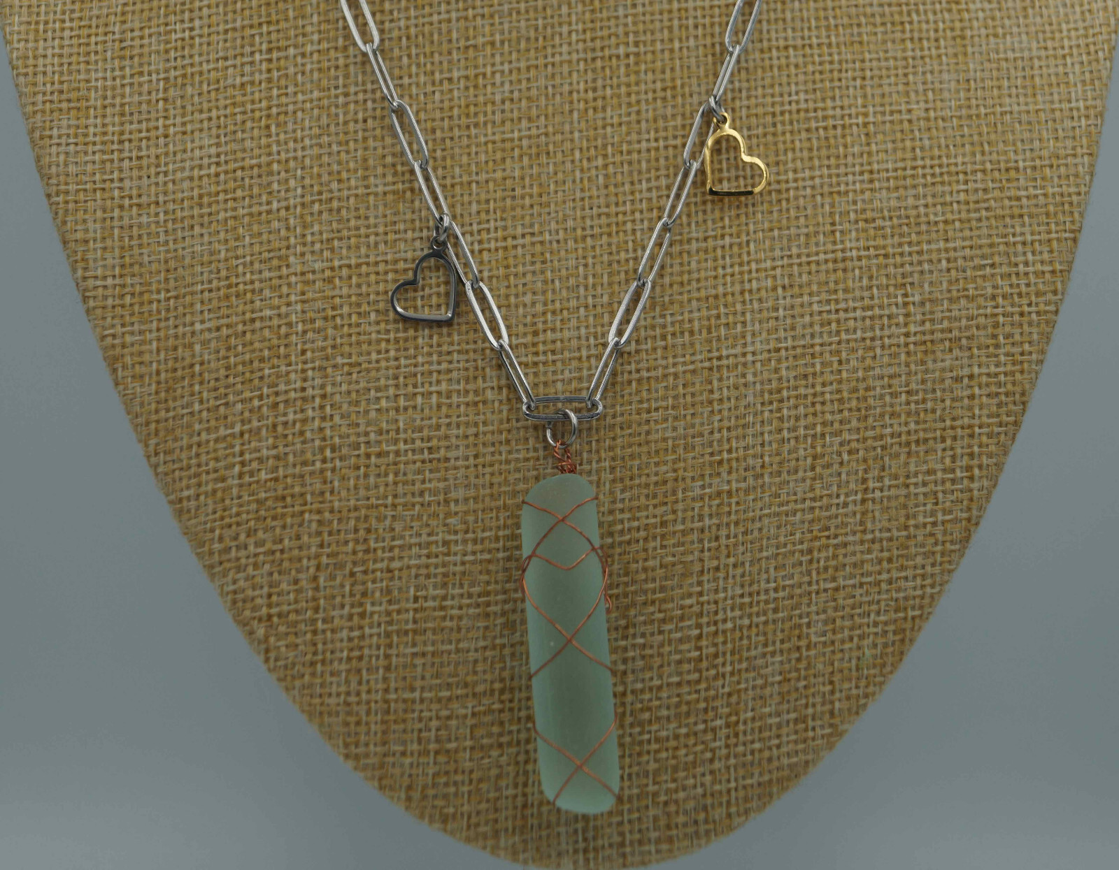 Aqua Sea Glass Piece & Heart Charms on Paperclip Stainless Steel Chain (P#194)
