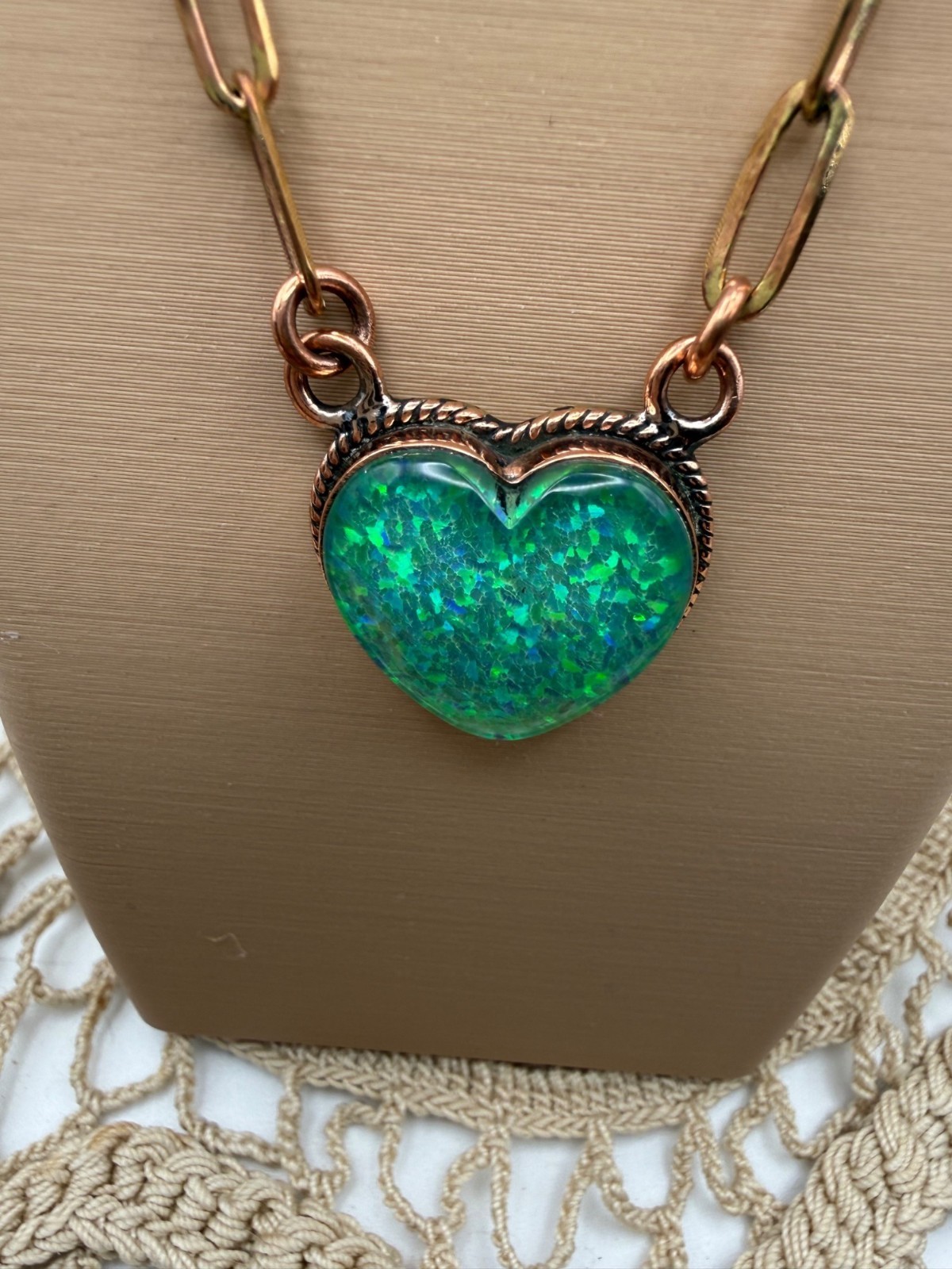 Artisan crafted Heart Pendant Aurora Opal Necklace Copper Chunky Chain Adj gift