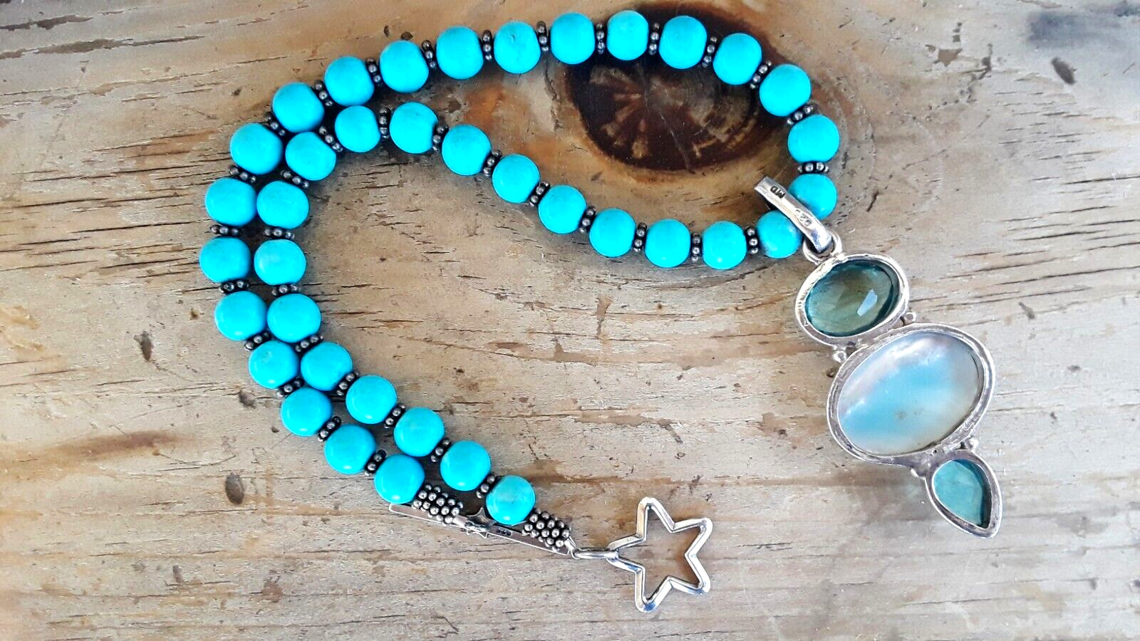 Sterling Silver Aqua Stone Beads Necklace with Blue Topaz and Shell Pendant – 16