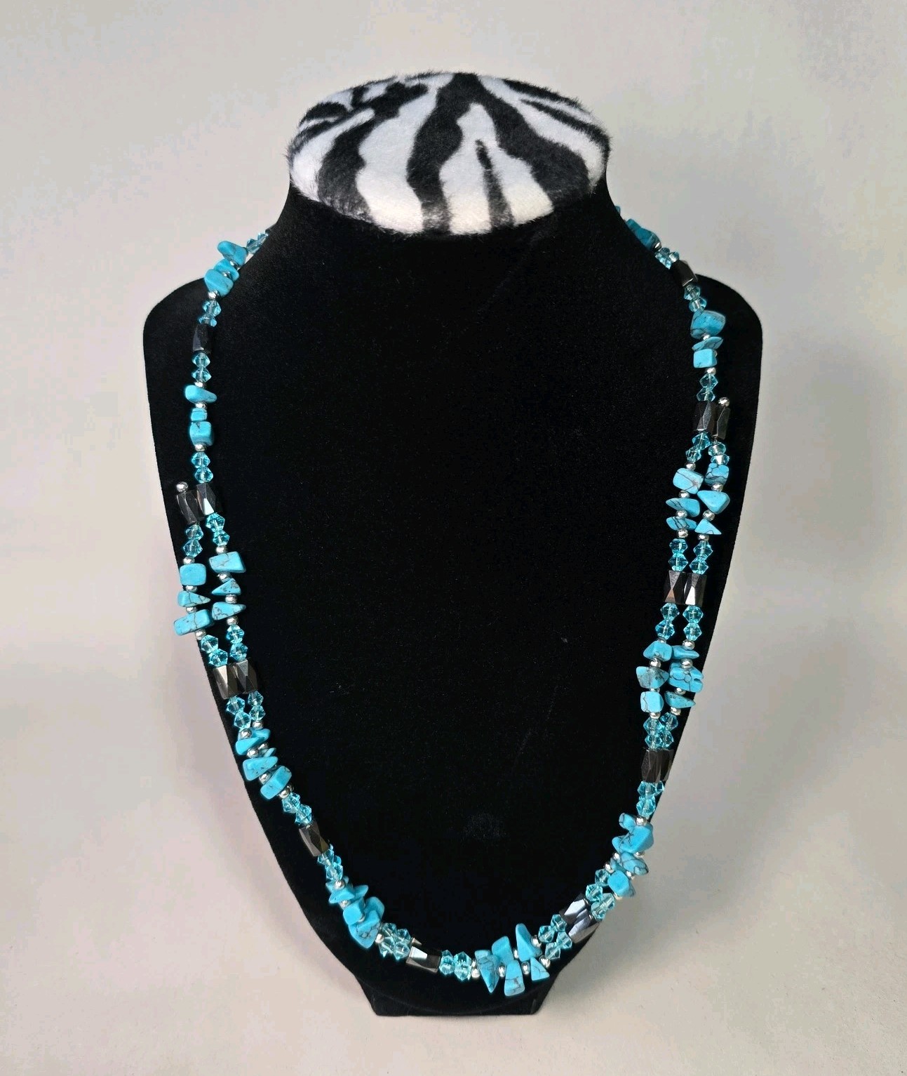 Handmade Turquoise Hematite Crystal Beaded Necklace 18in Artisan Boho