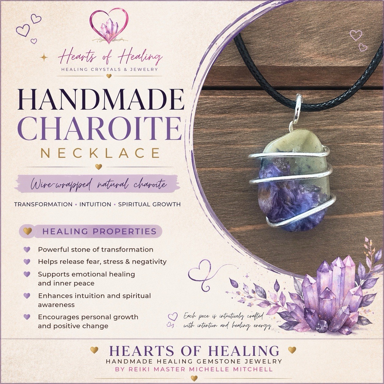 Handmade natural charoite Necklace Silver Plates Wire Purple Green Gemstone