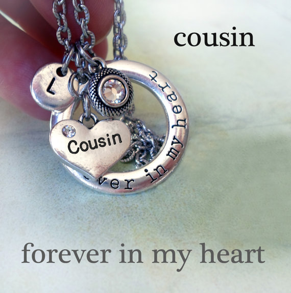 Cousin Forever In My Heart Necklace with Birthstone Crystal and Letter Charm