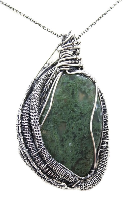 Moss Agate Pendant in Sterling Silver with Iolite
