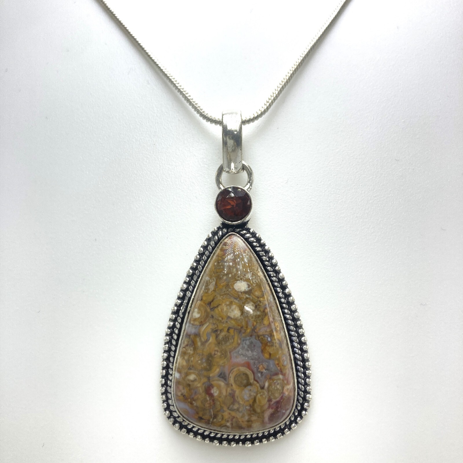Palm Root Agate Garnet Pendant Necklace 925 Sterling Silver 2.3″ FREE CHAIN
