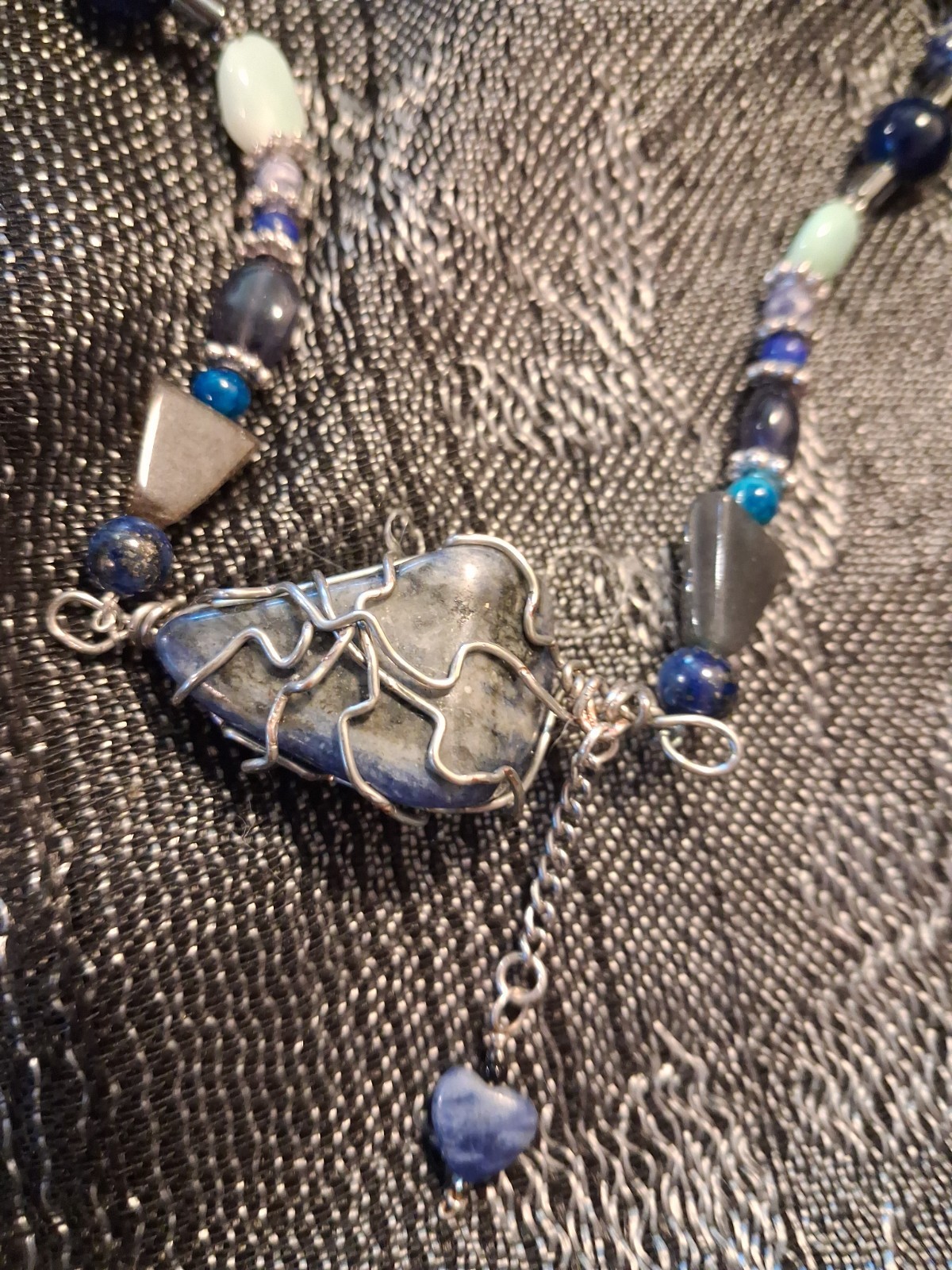 Handcrafted Silver Tone Wire Wrapped Irregular Blue Lapis Lazuli Beaded Necklace