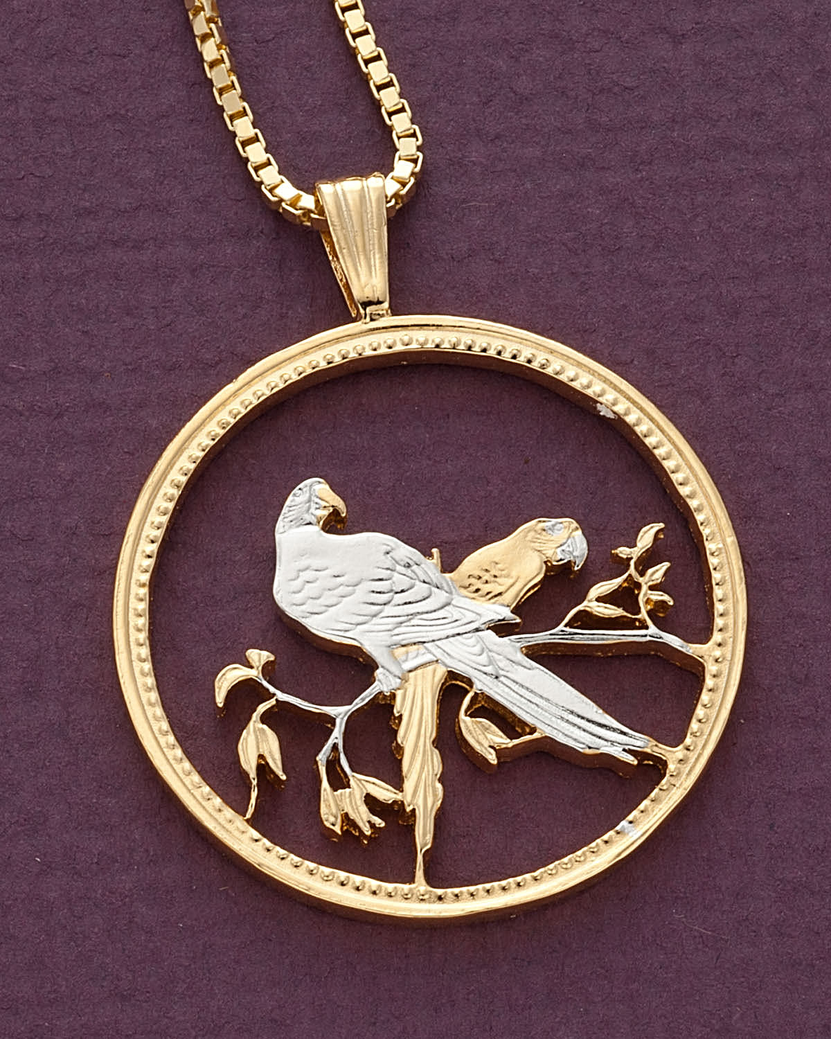 Tropical Bird Pendant Virgin Islands Macaws coin,1-3/8″ diameter ( # 32 )