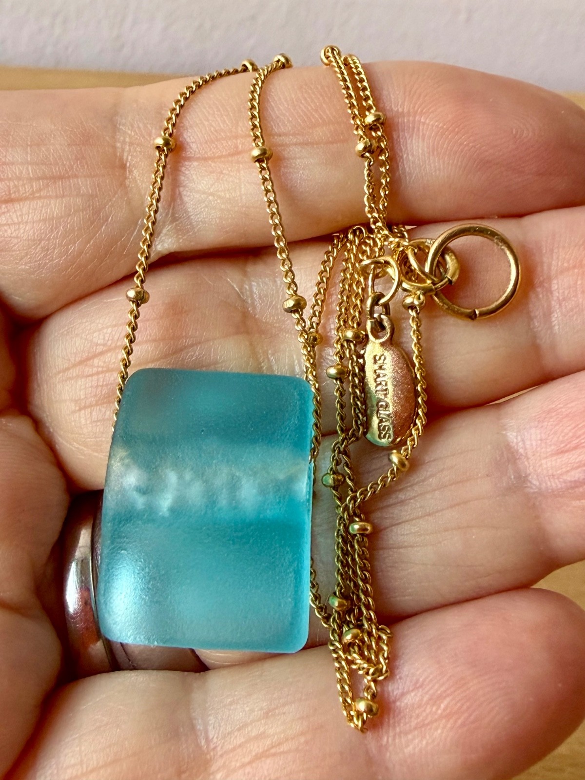 14K Yellow Gold Filled GF Turquoise Blue Sea Glass Necklace Smart Glass Designer