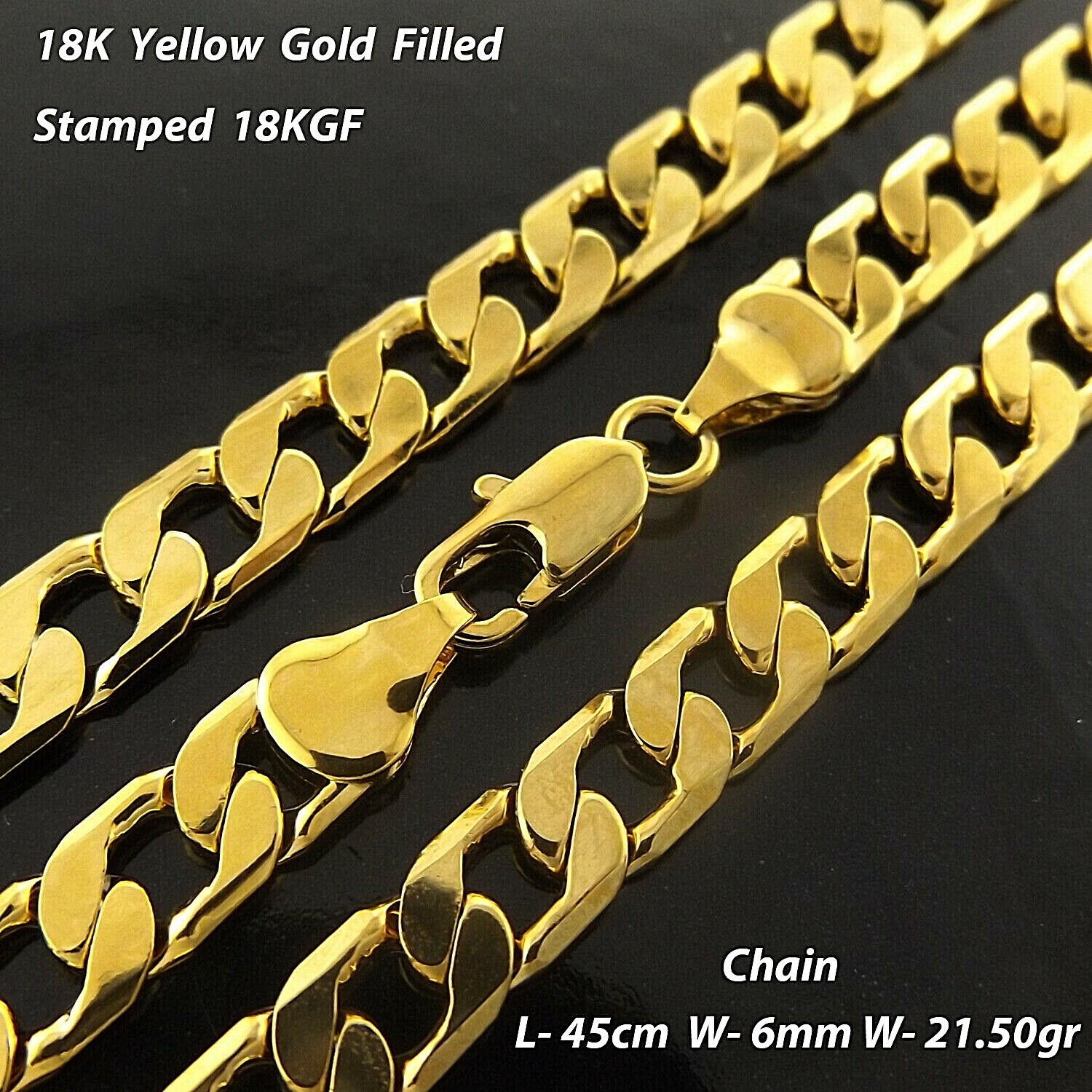 Necklace Real 18Kt Yellow Gold Filled Solid 6mm Curb Cuban Chain 45 cm : 18 inch