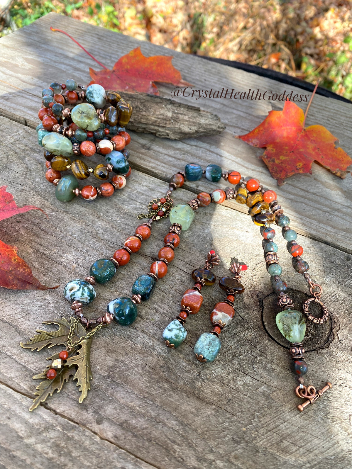 Red Autumn Multi-Gemstone Statement Jewelry Set Necklace + Bracelet + Earrings