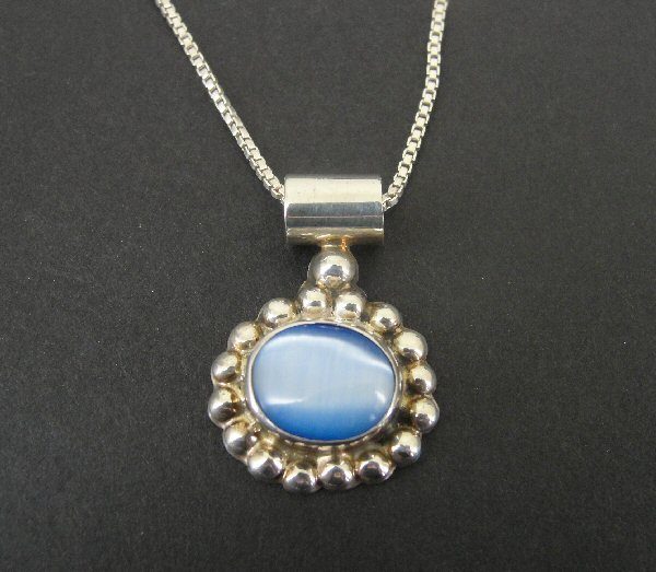 Necklace Silver Blue Cat’s Eye Stone Sterling Silver 925 Mexico Pendant Chain