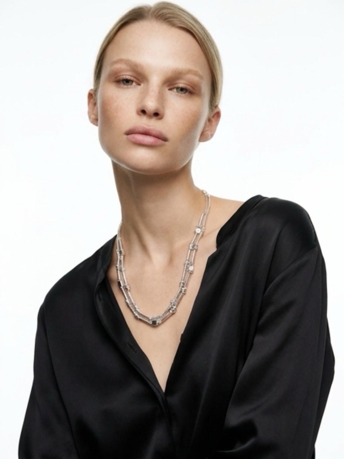 Chicos Handcrafted Layered Beaded Necklace Silver Black Cord