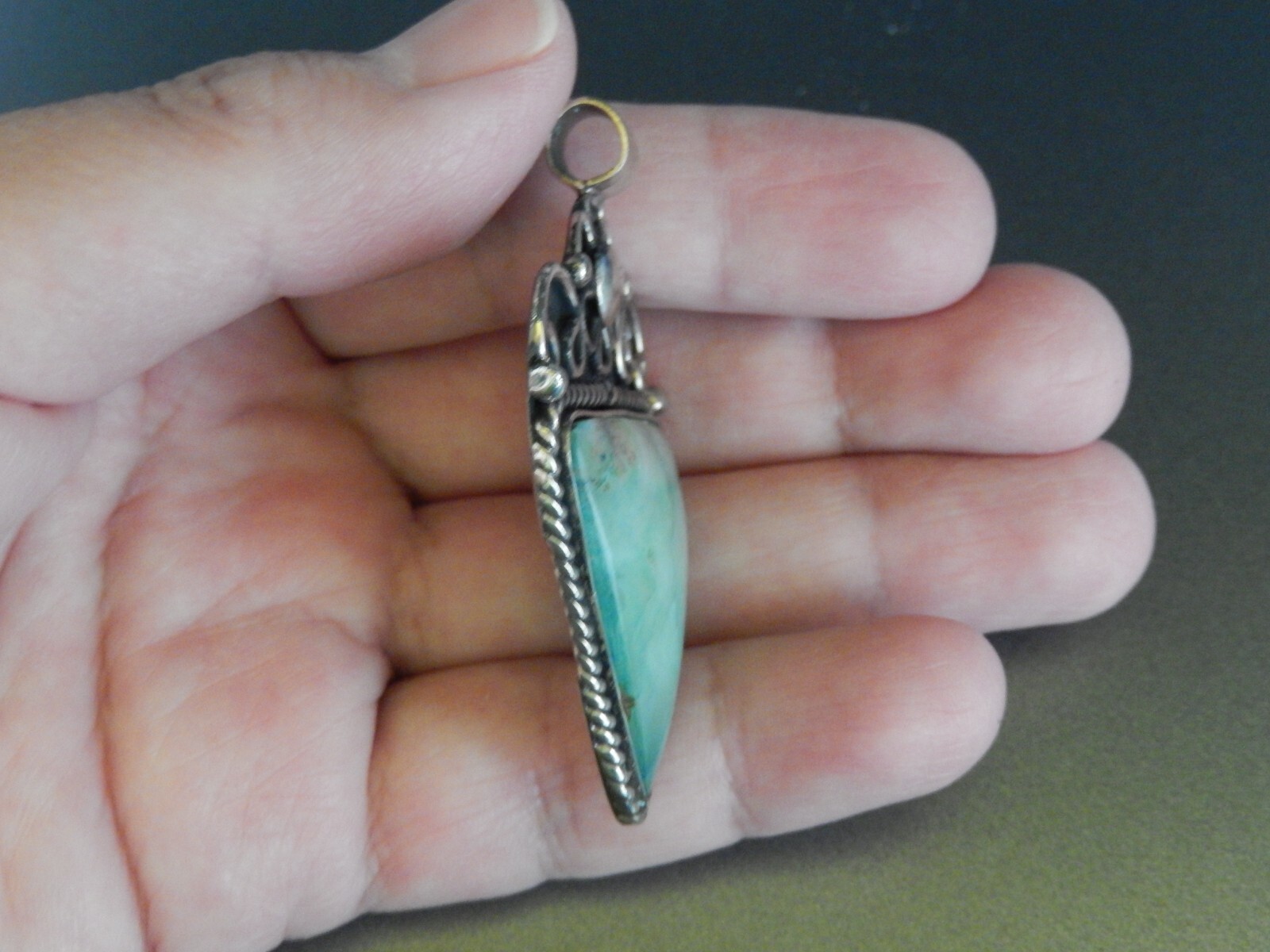 2 1/8″ NATURAL ORGANIC Amazonite Seafoam Triangle Pendant Alpaca Silver
