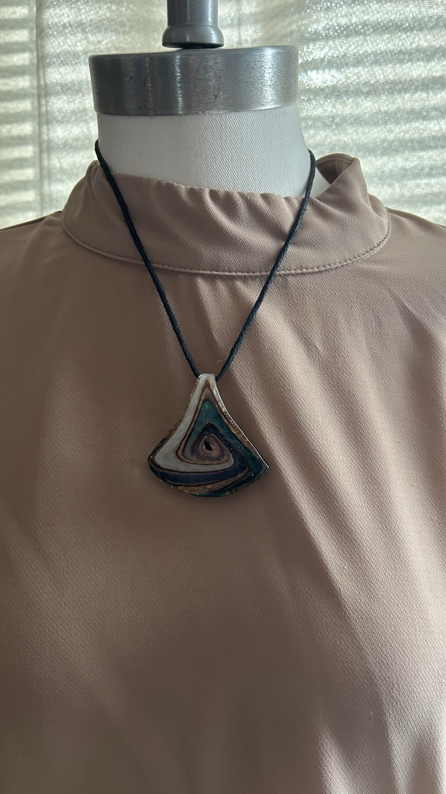 Artisan Glass Pendant Necklace Asymmetrical Blue White Cord Lobster Claw