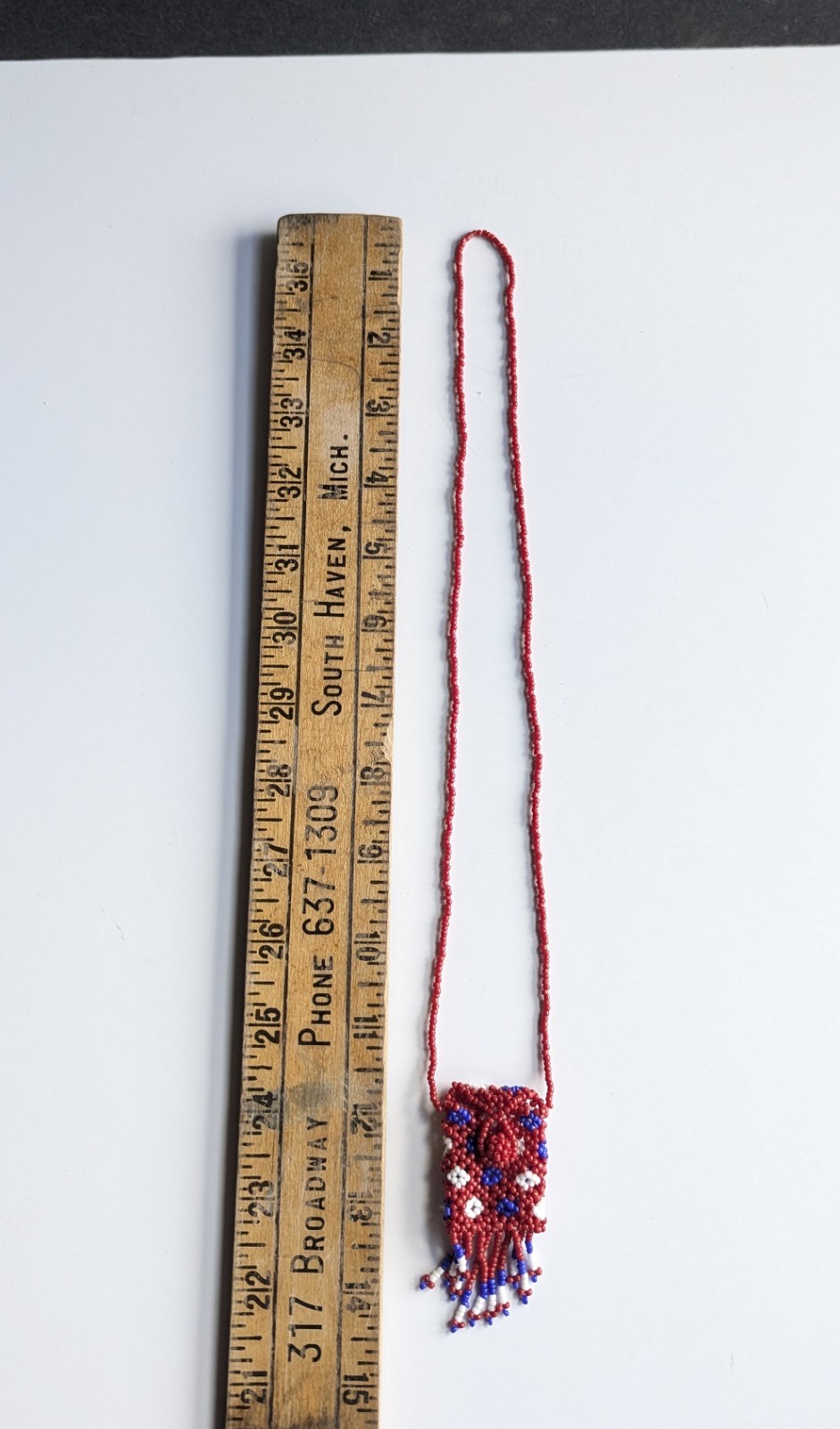 Vtg Blue RED White Seed Bead Medicine Pouch Bag Tassel Native Style Necklace