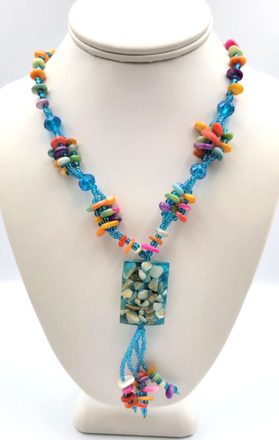 Artisan Blue Beaded Necklace Shells in Resin Pendant Colorful Dyed Shells Tassel