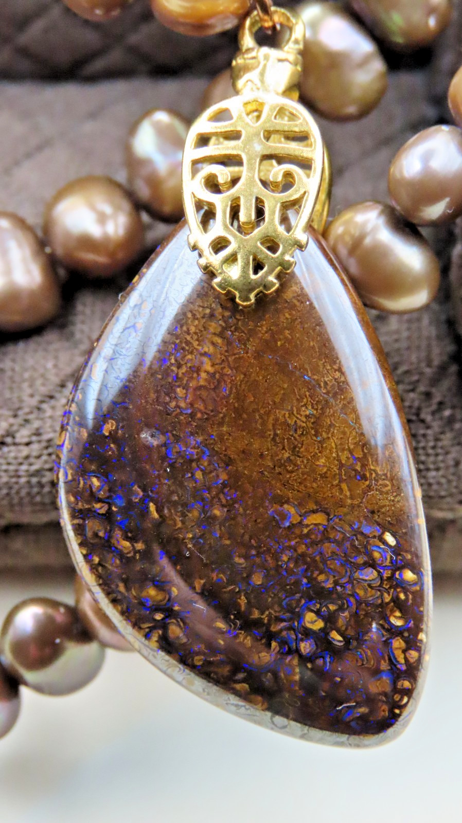 Natural Boulder Opal Pendant on hand-made Bronze Freshwater Pearls necklace