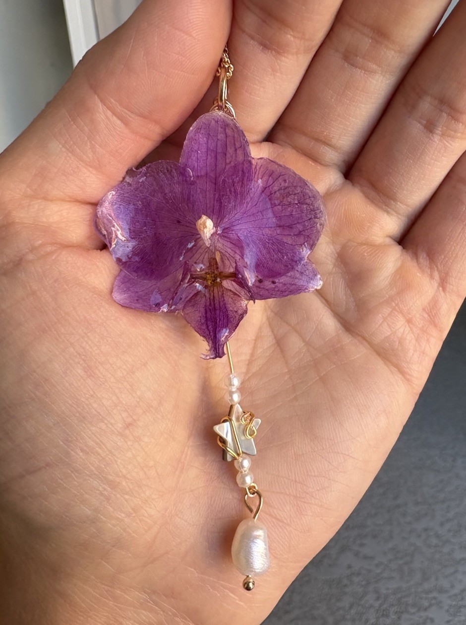 handmade purple orchid necklace with star charm & real cultured pearl