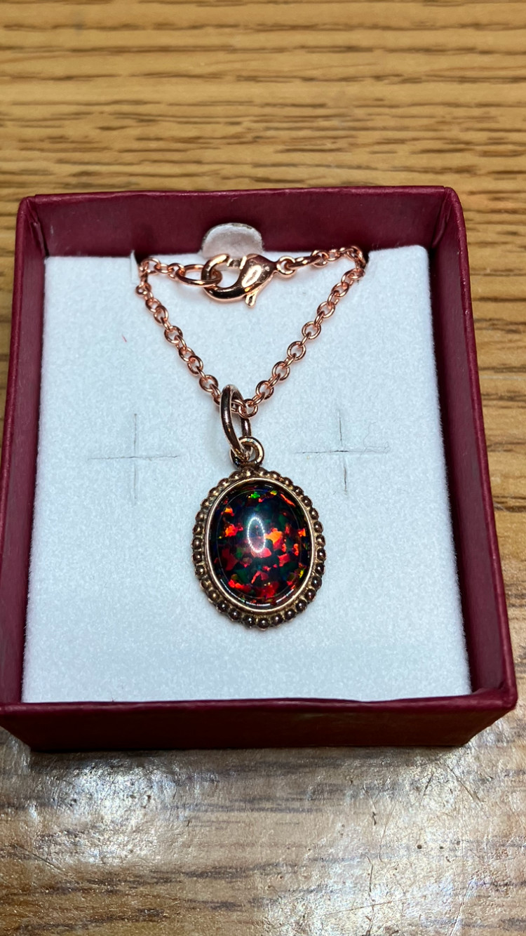 #87- 1.55ct- 10x8mm Multi Fire Lab Created Opal set in Rose Gold Plated Pendant