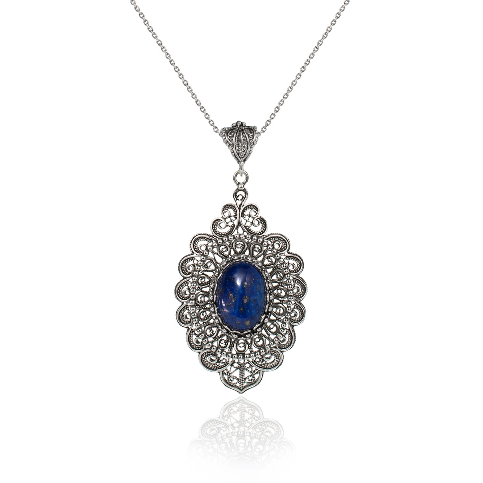 925 Sterling Silver Filigree Art Oval Women Gemstone Pendant Necklace