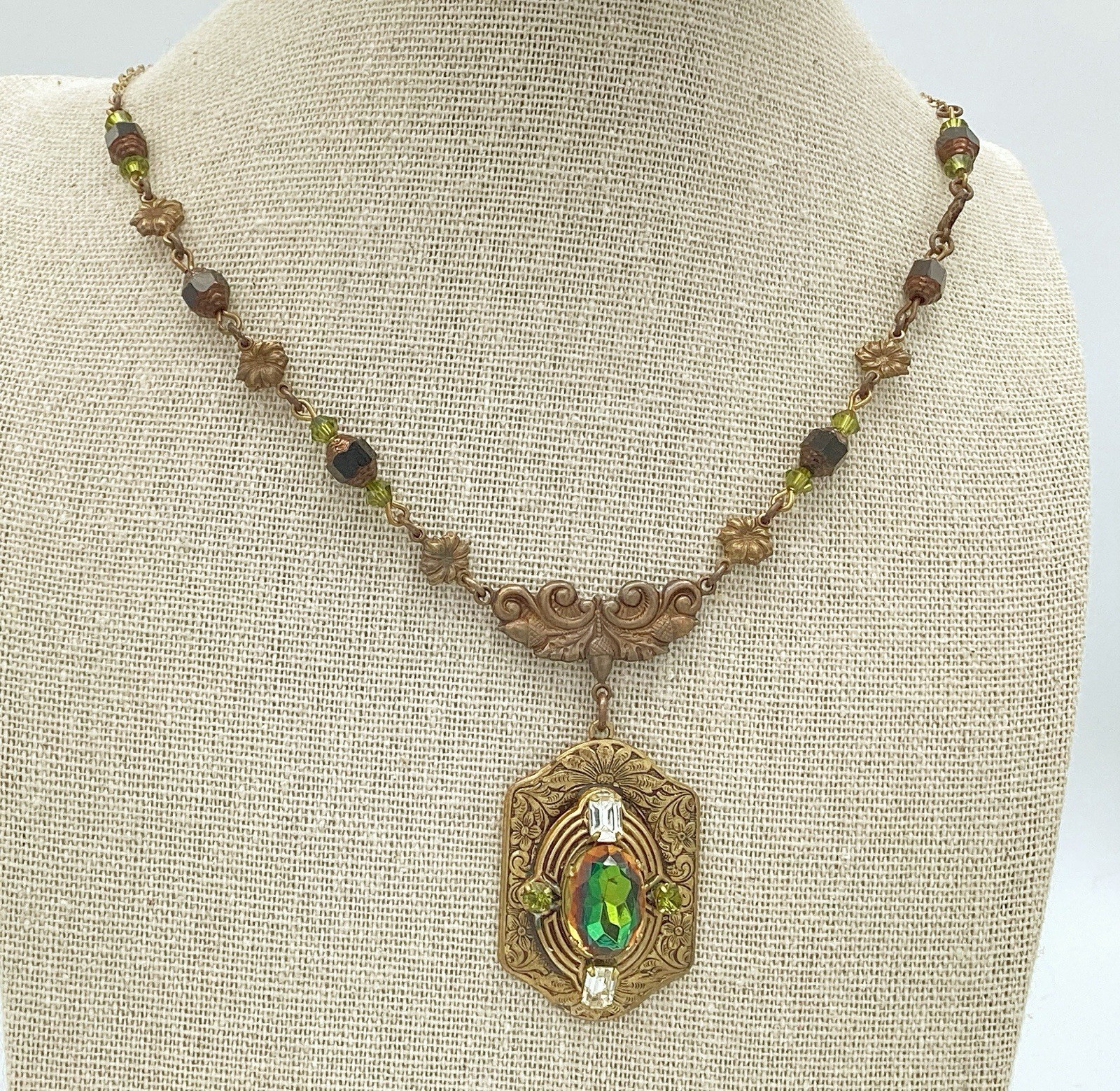 Brass Vitrail Art Glass Drop Acorn Floral Necklace Vtg Findings Signed W/Box