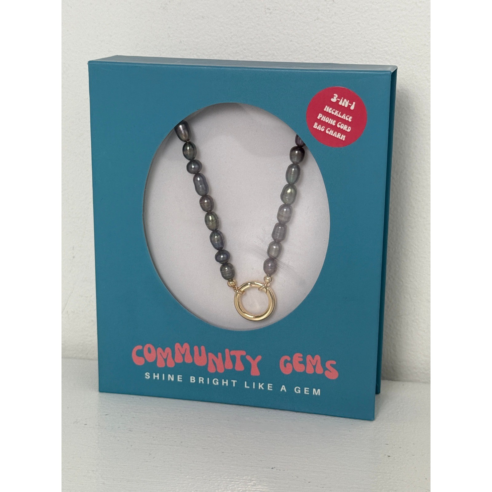 Community Gems Black Baroque Pearl 3-in-1 Necklace Phone Cord Bag Charm NIB