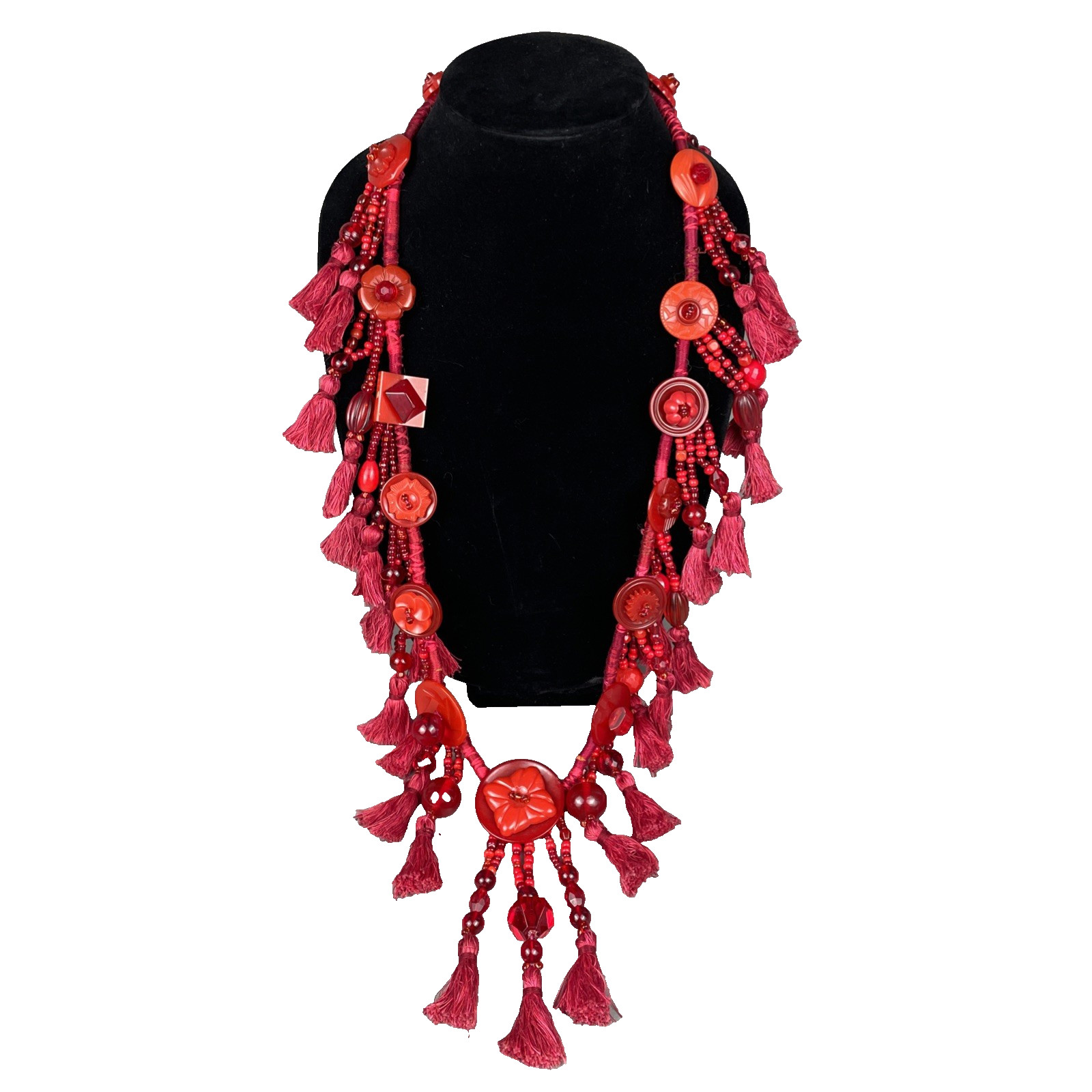 Handmade Red Thread Tassels and Vintage Button Textile Necklace Boho Fiber Art
