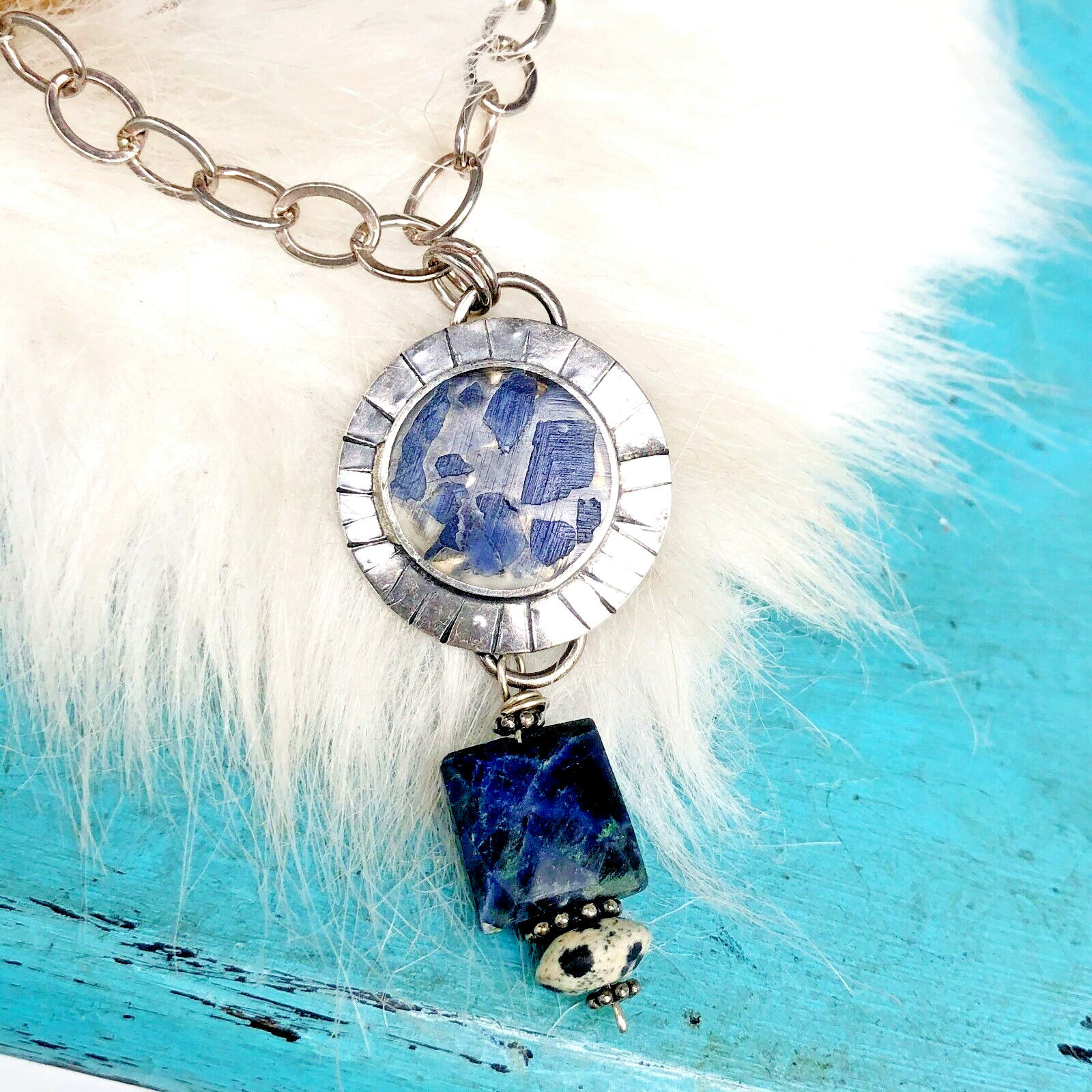 Sterling Silver Artisan Lapis Jasper Resin Pendant Gemstone Oval Chain Necklace