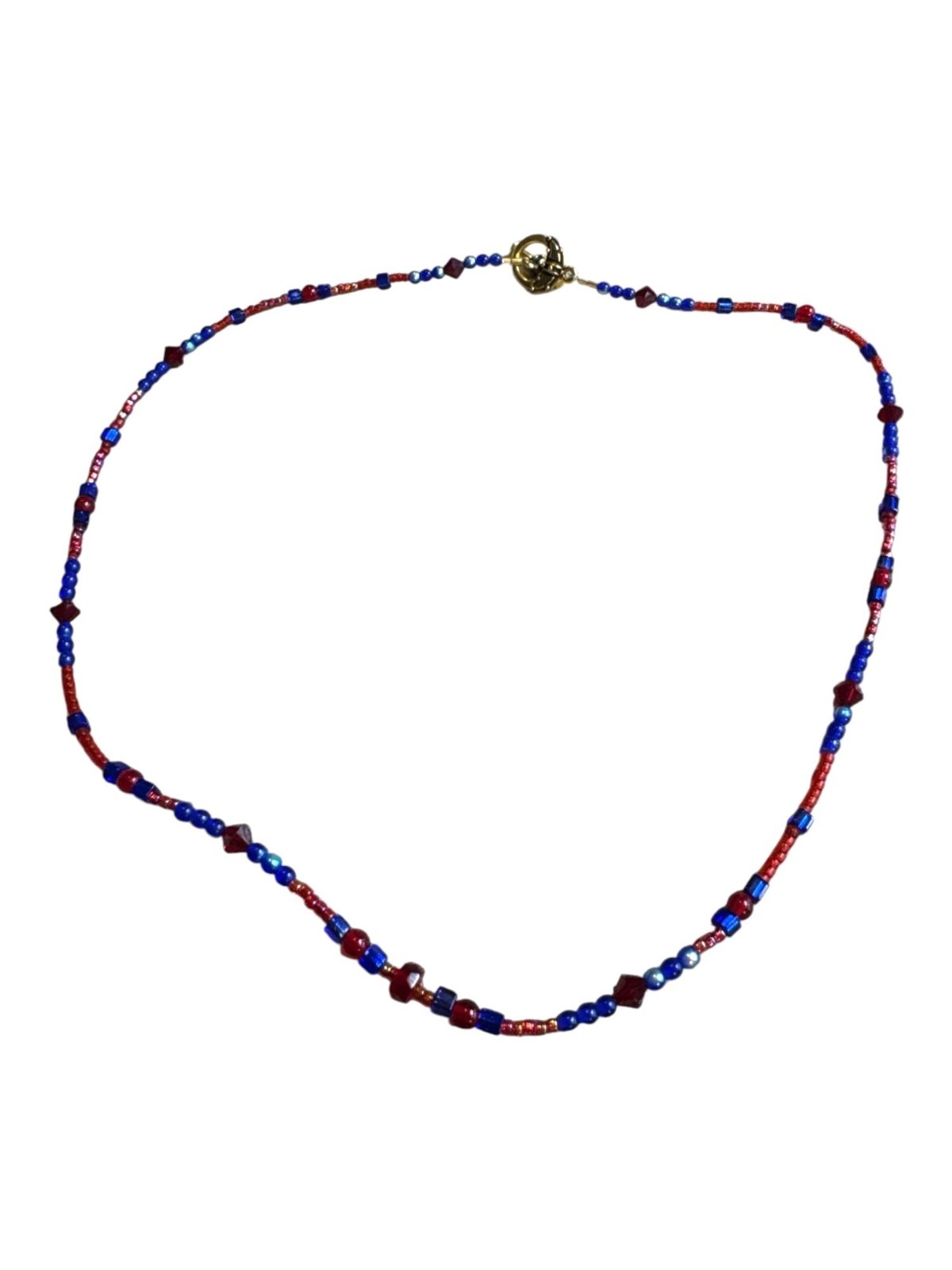 Handmade Beaded Necklace With Gold Toggle Clasp Red & Blue Glass Beads Minimalis