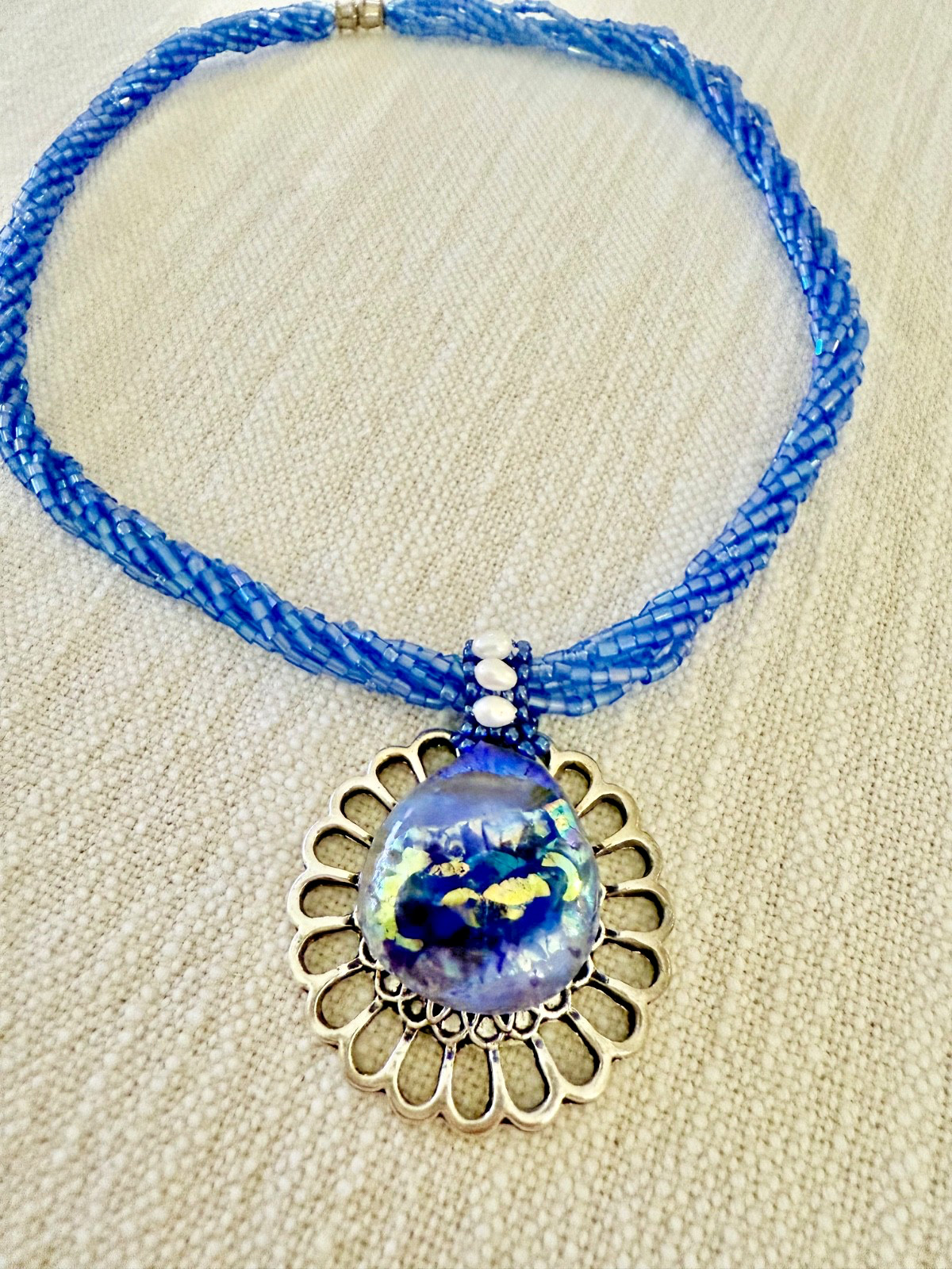 Dichroic Fused Glass Freshwater Pearl and Kumihimo Blue and Periwinkle Necklace