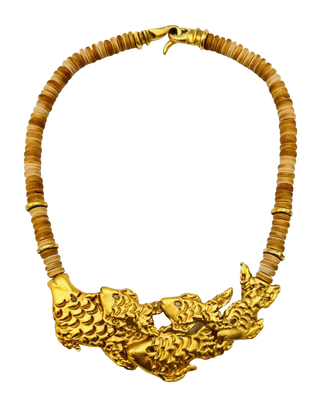 Coconut Heishi Shell Gilded Brass Textured Fish Necklace
