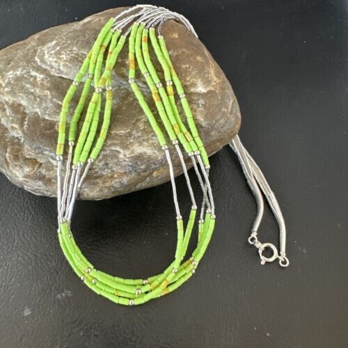 Green Gaspeite Heishi Bead Stabilized 5Strand Sterling Silver Necklace 20″ 02941