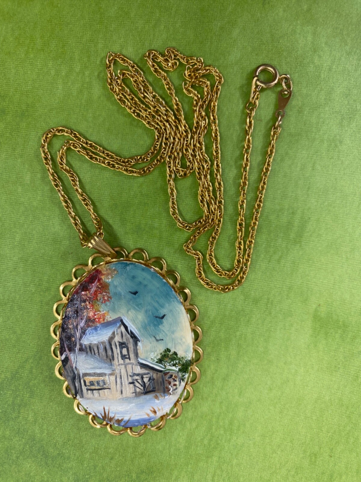 Vintage Hand Painted Egg Shell Pendant Necklace with Gold Tone Chain Old Barn