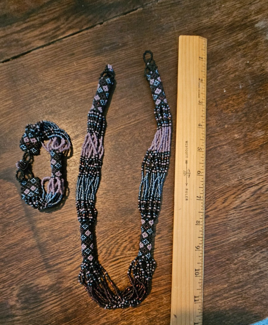 Boho Bali Artisan Multi-Strand Necklace & Bracelet-Purples and Black Seed Beads