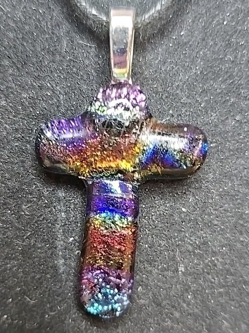 Dichroic Art Glass Pendant Fused & Hand Crafted Multicolor Cross