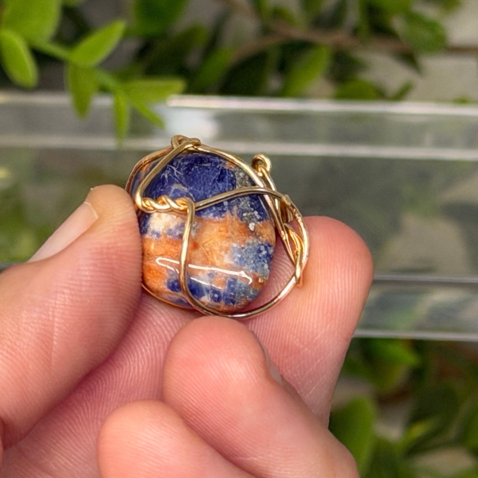 Handmade Sunset Sodalite Wire Wrapped Pendant Gold Artisan Crystal Gift