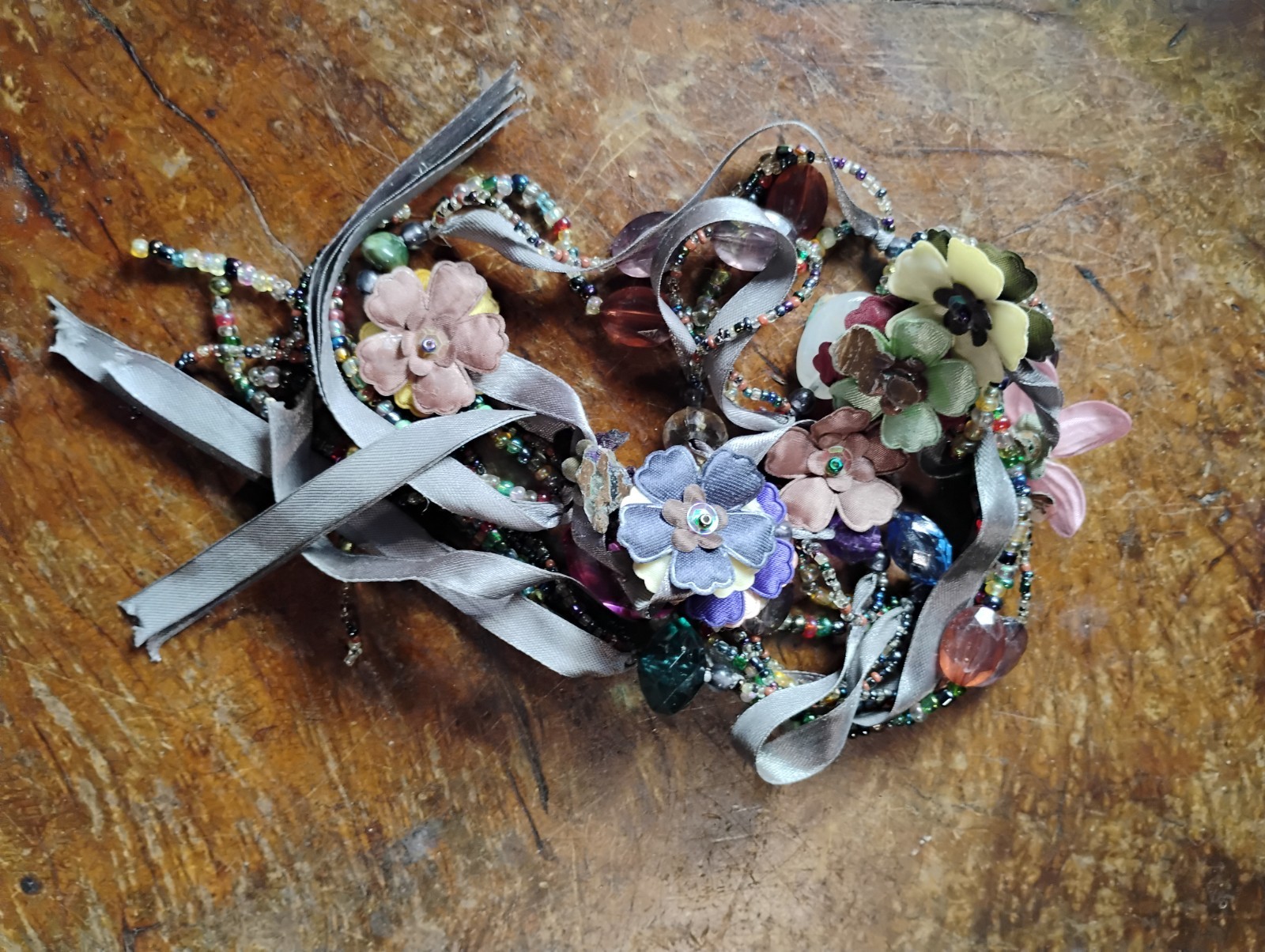 Unique Handmade Ribbon & Rainbow Bead Jewel Tone Floral Lariat 53″ Necklace