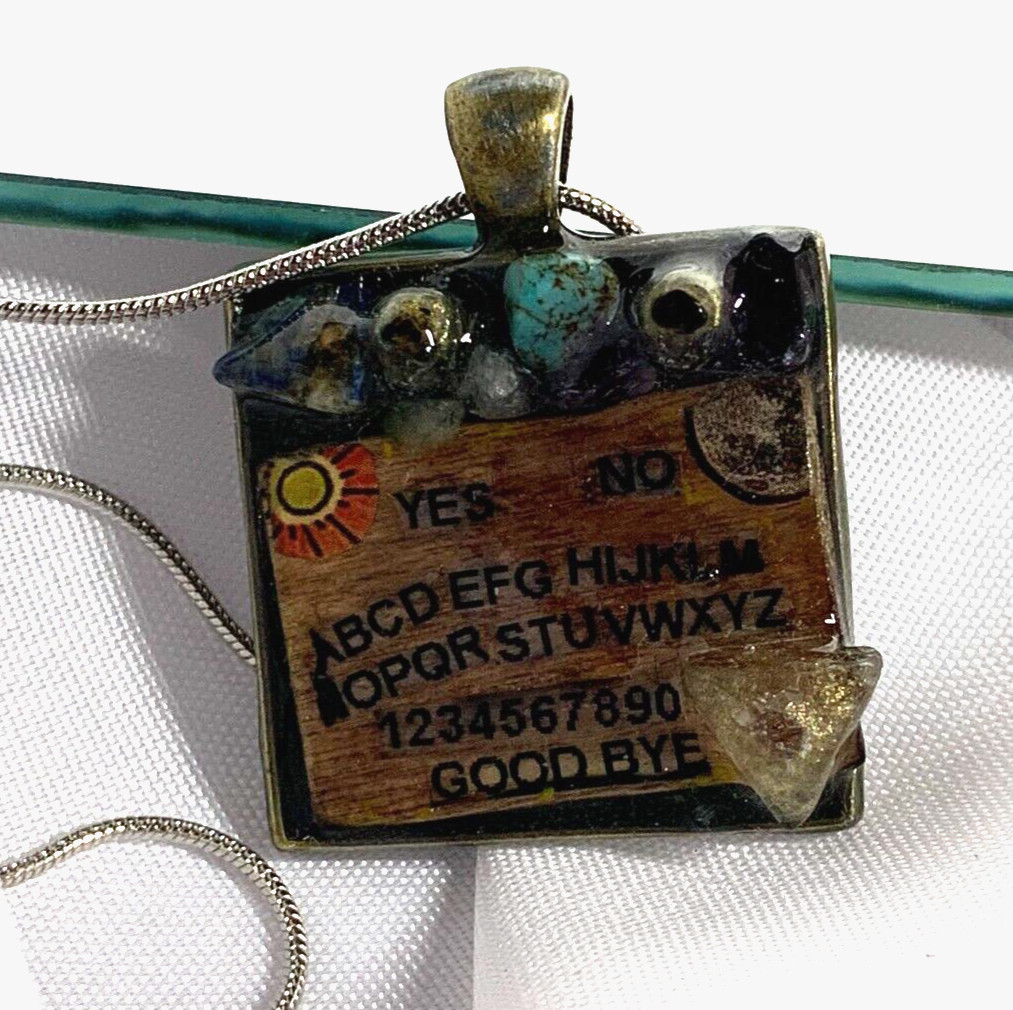 Handmade Halloween Art Resin Pendant, Ouija , Silver Plated Chain