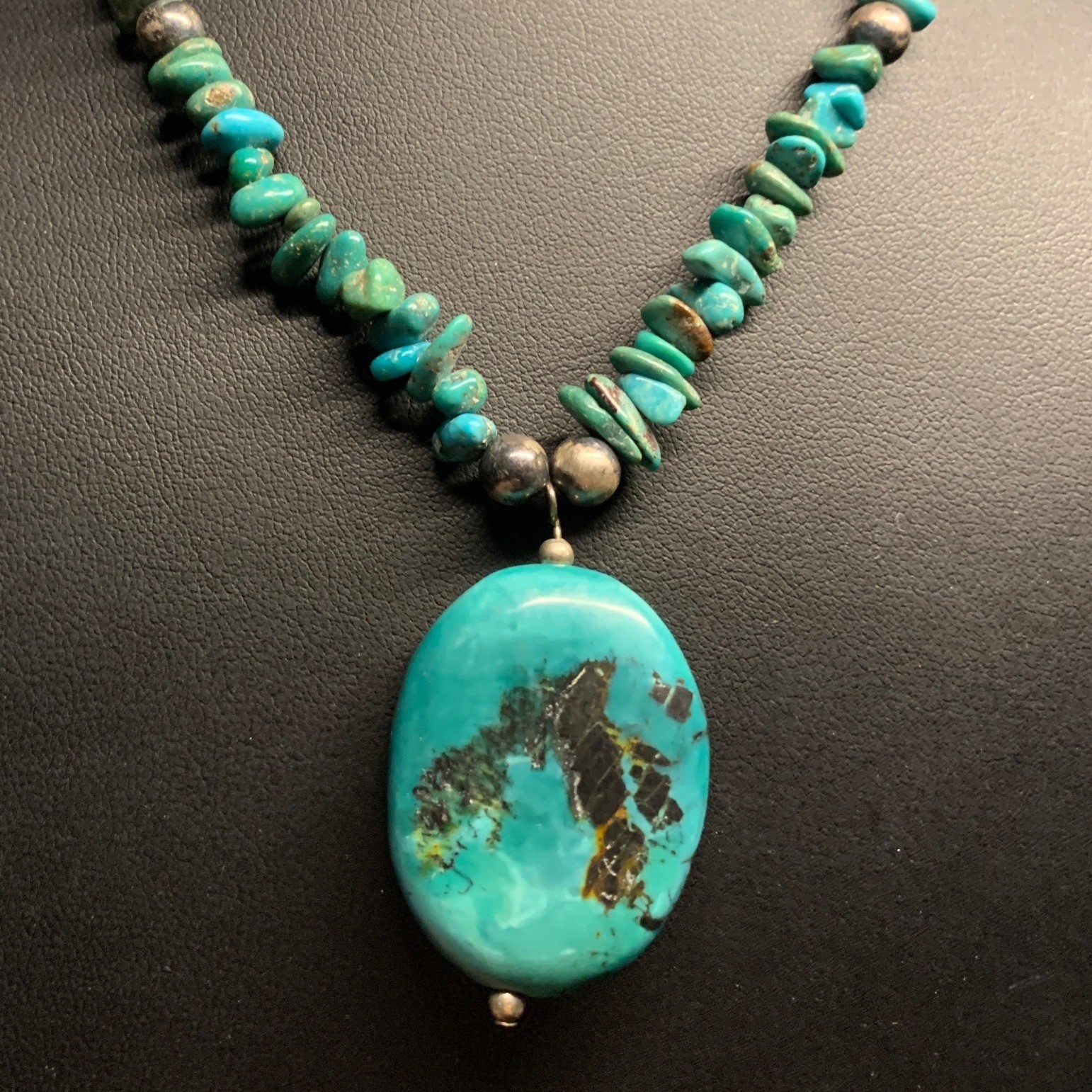 Sterling Silver 925 Turquoise Nugget Chip Necklace with Large Oval Pendant 16″