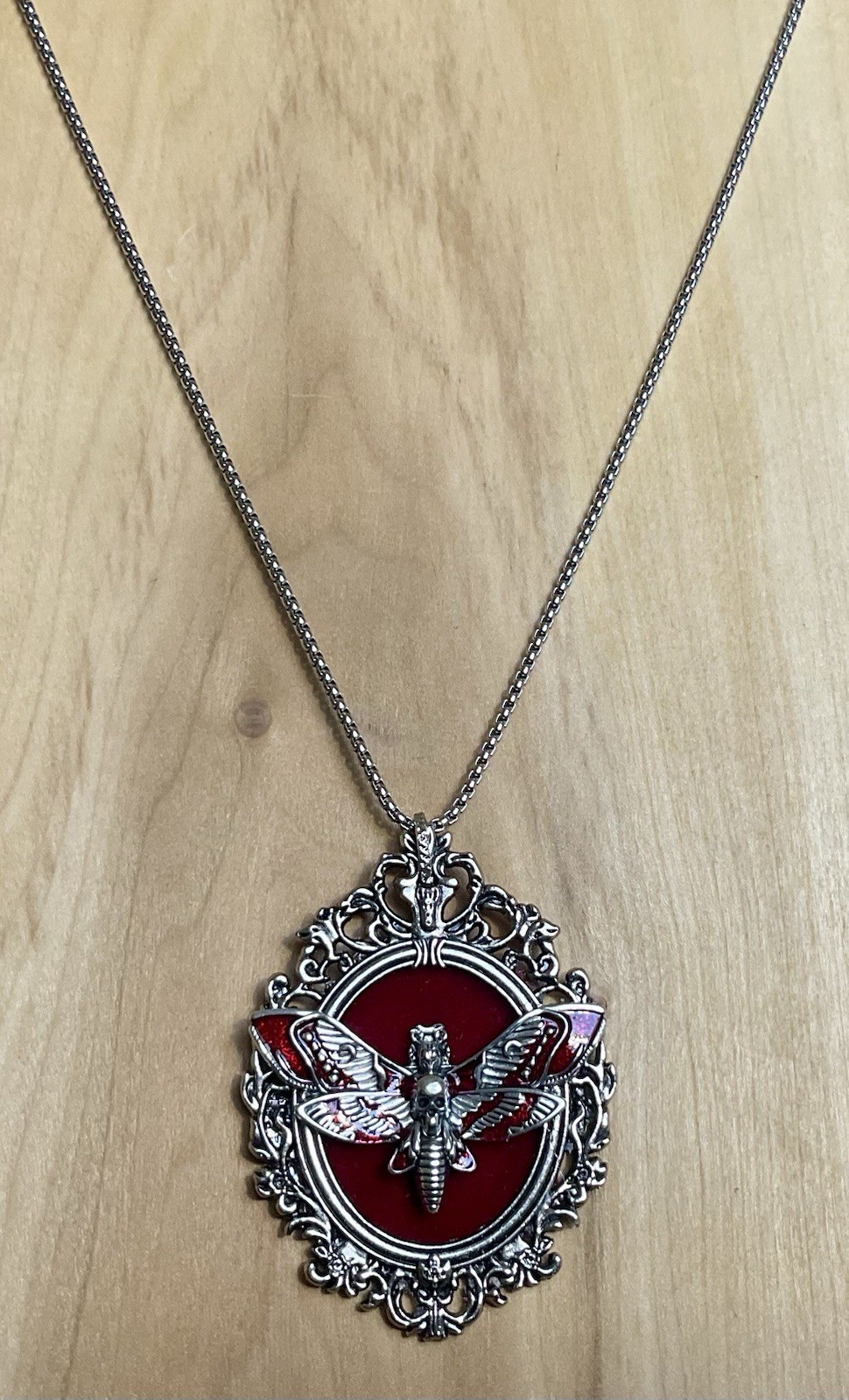 Death Head Moth – Moth On Deep Red Velvet W/ Filigree Frame, 24” , Gothic, Moth