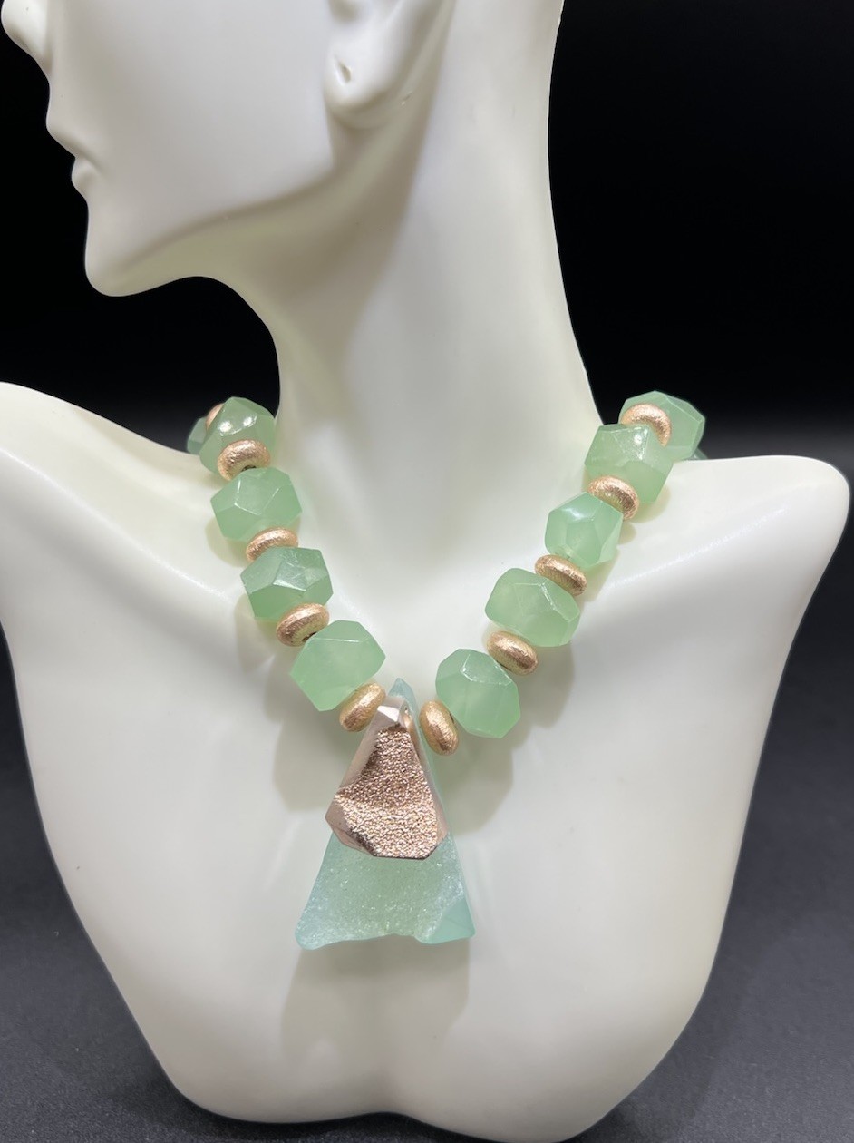 Artisan Signed Seafoam Green Aventurine Druzy, Quartz, Bead Necklace, 17”