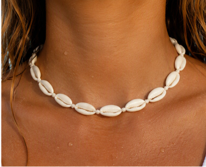 White Cowrie Shell Surfer Necklace-Adjustable Beach Choker