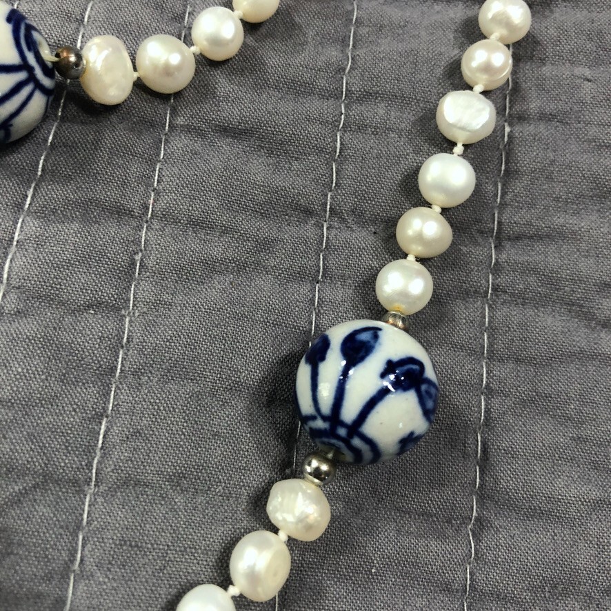 Asian Porcelain Beaded Faux Pearl 25 Inch Long Strand Necklace Classic Old Money