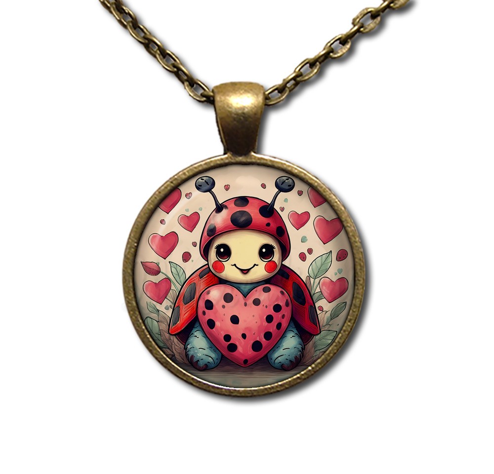 Cute Ladybug Love Valentine’s Day Theme – Handmade ROUND Glass Pendant Necklace
